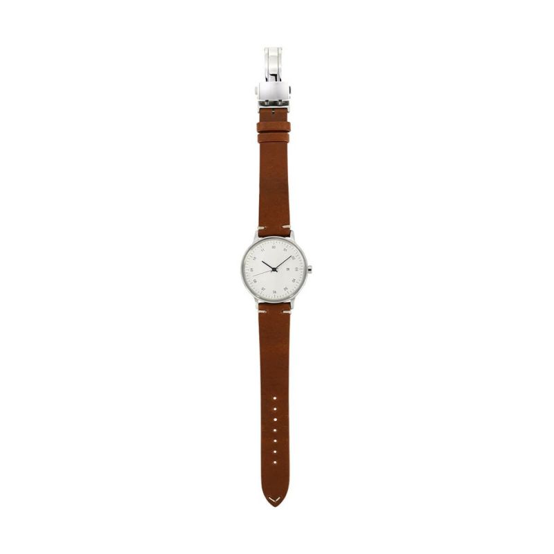 【正規取扱店】sazare : SK01 / SS SILVER MIRROR FINISH / WHITE DIAL / SILVER D BUCKLE LIGHT BROWN BUTTERO LEATHER