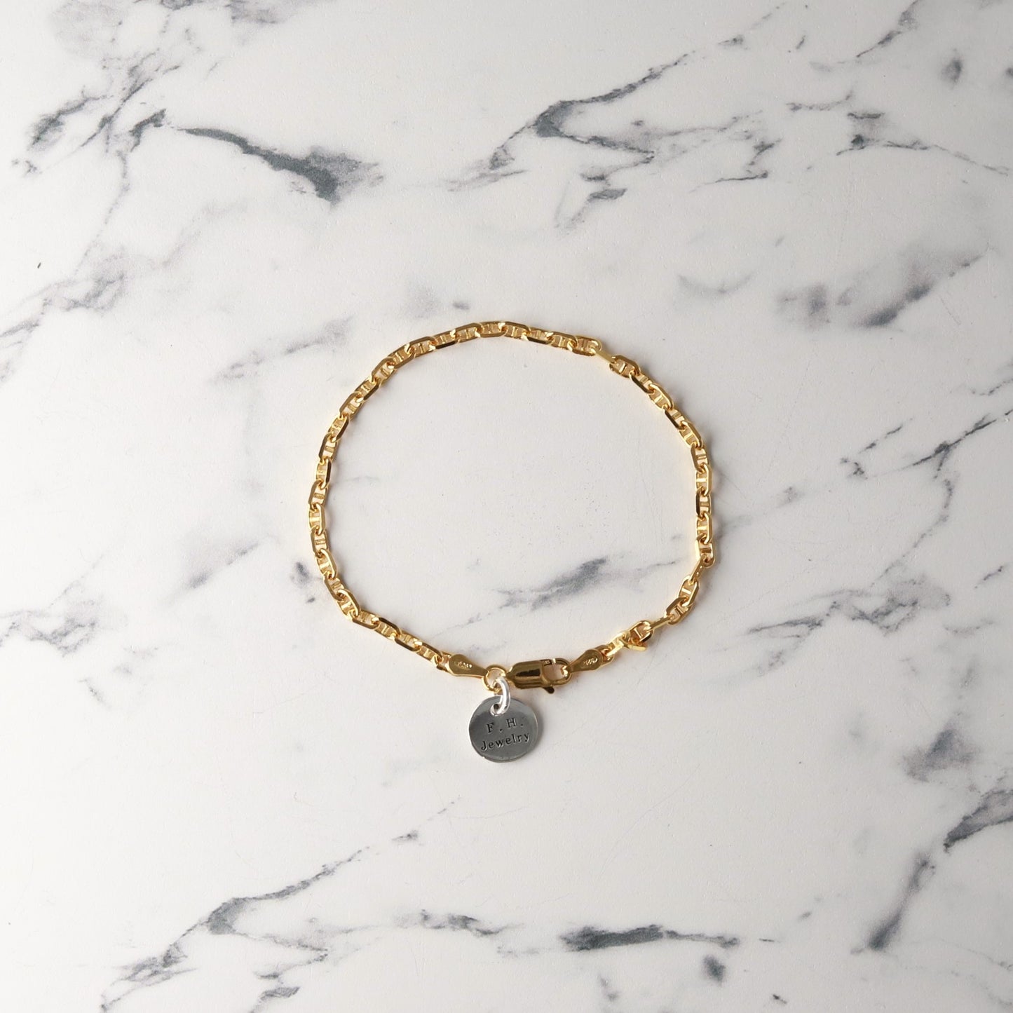 【手首回り細めの方に】F.H.シルバーブレスレット（アンカーチェーン ゴールドコーティング 3mm）：#B016GP-17cm