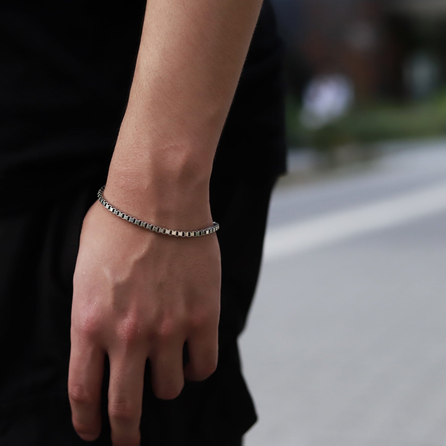 【さりげなく色気をプラス】F.H. シルバーブレスレット（BOXチェーン 3mm）：#B028-19cm