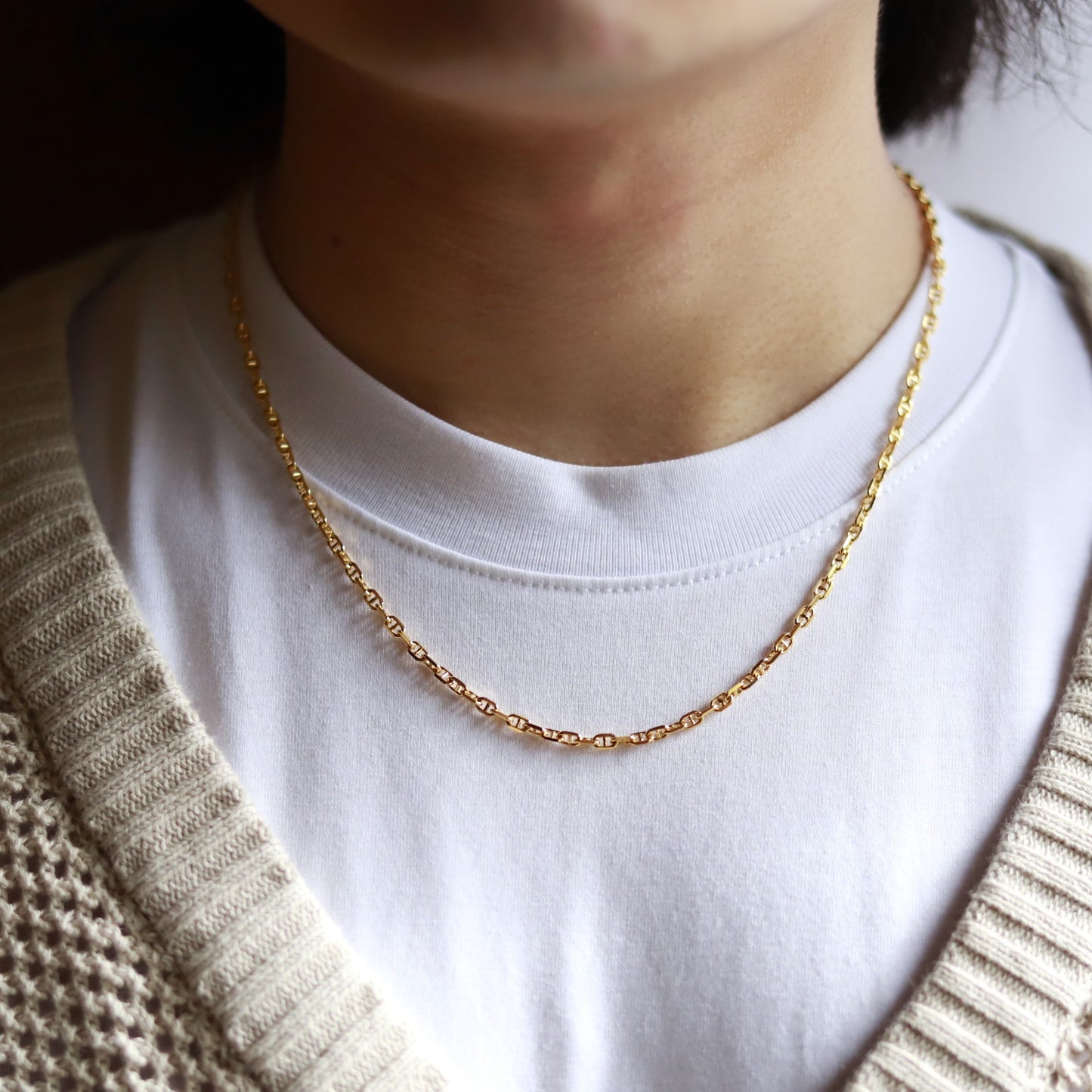 F.H. シルバーネックレス（アンカーチェーン ゴールドコーティング 3mm）：＃N018GP-50cm